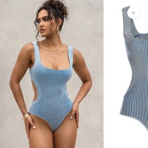 JLUXLABEL DEANA RIBBED BODYSUIT | Size: Large | Color: Denim/ White